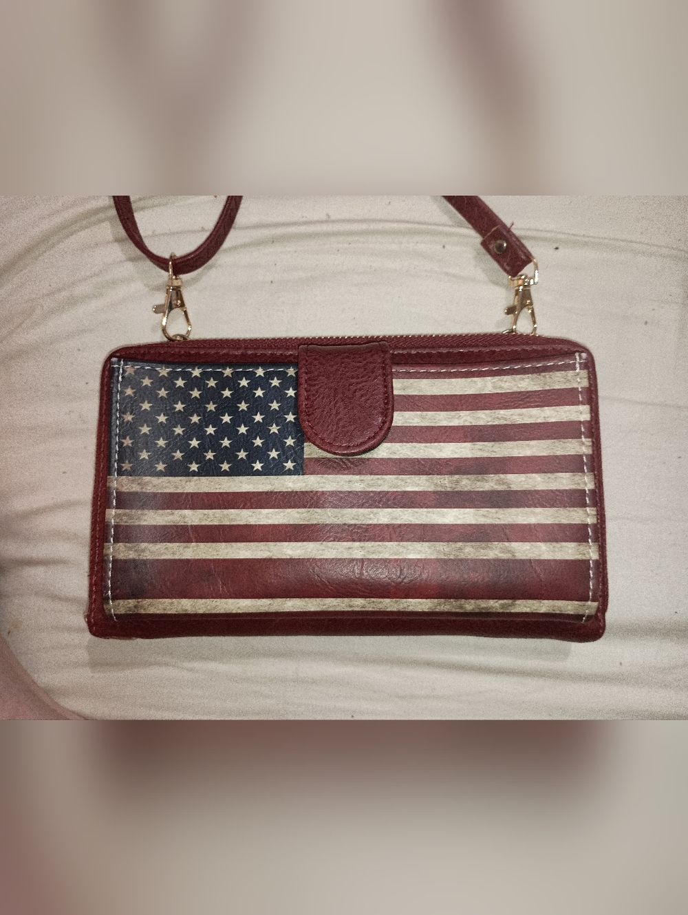 American Flag Crossbody Wallet - Burgundy W/ Cell Phone Pocket And Wrist Strap